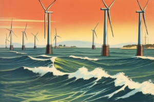 AI generated image of offshore wind turbines against a red background.